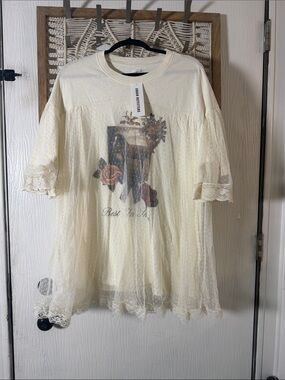 Urban Outfitters Cream Sheer Floral Graphic Lace Overlay Top